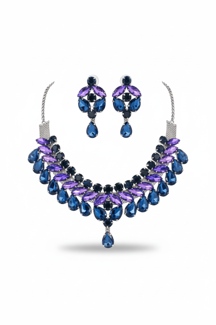 Korean Blue & Purple Glass Stone Jewelry Necklace Set | Rhodium Plated Bridal & Party Jewelry with Earrings - Maxiblink