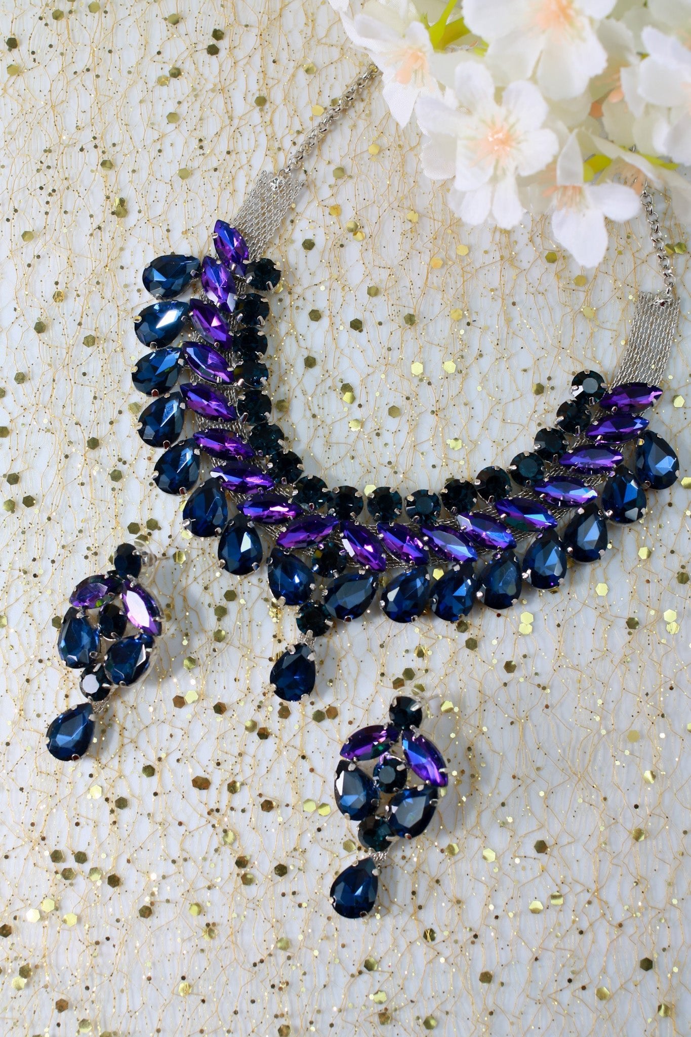 Korean Blue & Purple Glass Stone Jewelry Necklace Set | Rhodium Plated Bridal & Party Jewelry with Earrings - Maxiblink