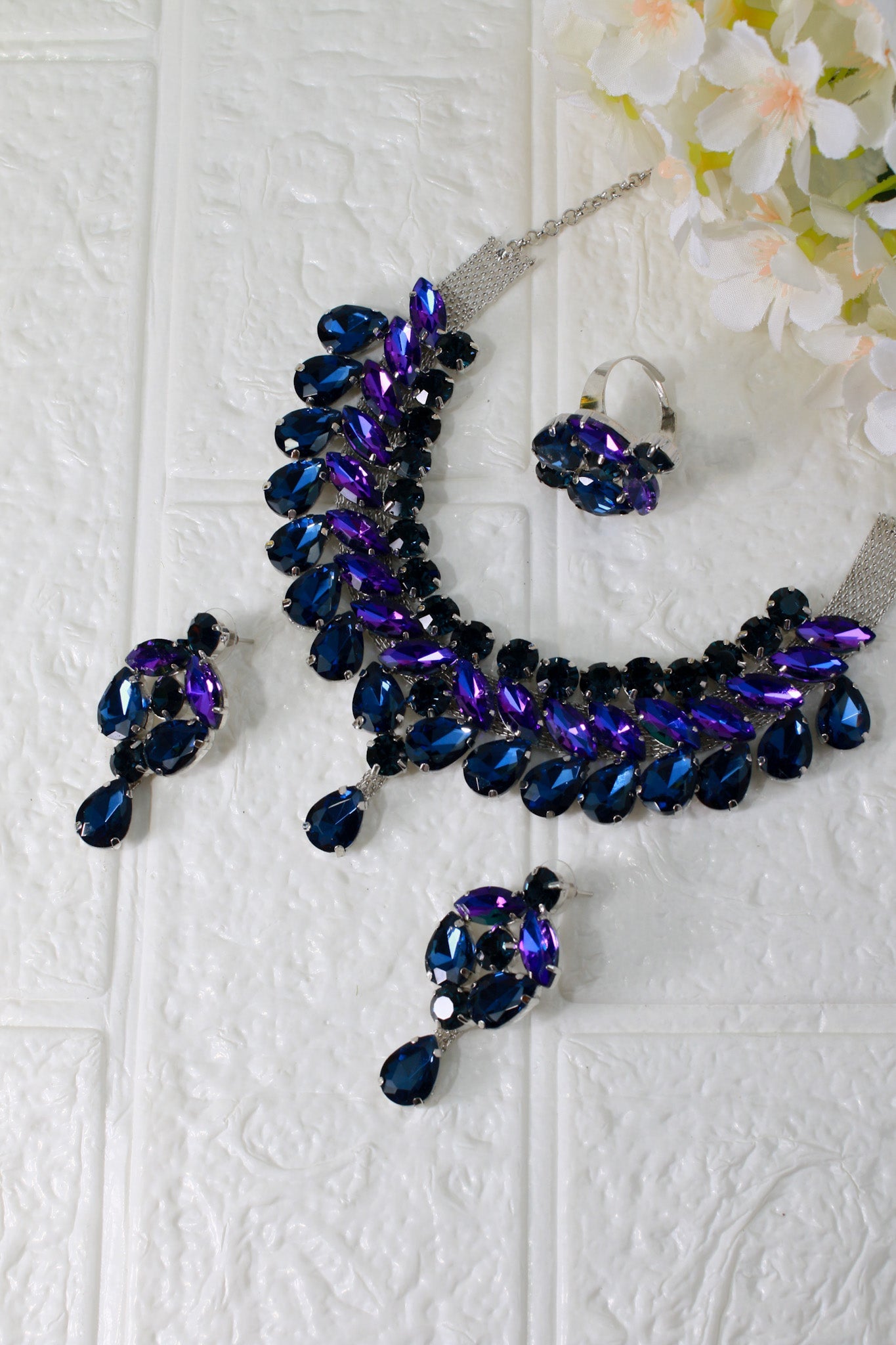 Korean Blue & Purple Glass Stone Jewelry Necklace Set | Rhodium Plated Bridal & Party Jewelry with Earrings - Maxiblink