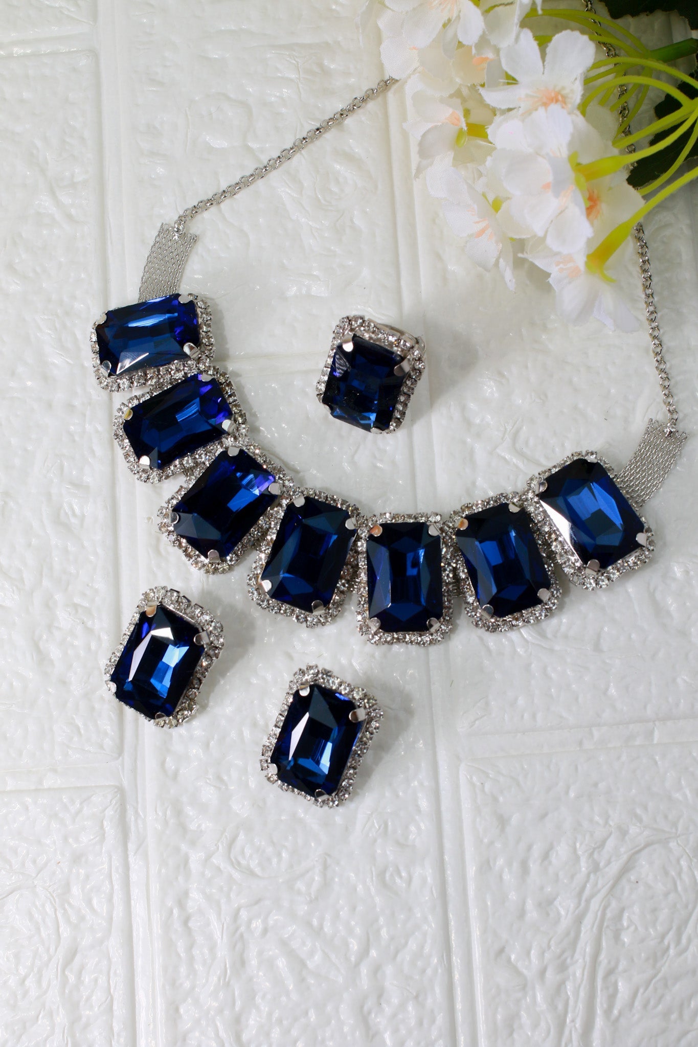 Korean Blue Rectangular Glass Stone Glass & AD Stone Necklace Set | Rhodium Plated Statement Bridal Jewelry with Earrings - Maxiblink
