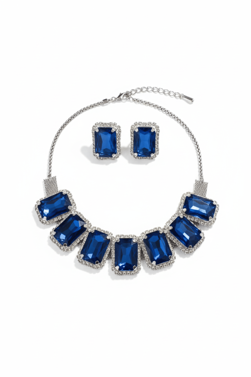 Korean Blue Rectangular Glass Stone Glass & AD Stone Necklace Set | Rhodium Plated Statement Bridal Jewelry with Earrings - Maxiblink