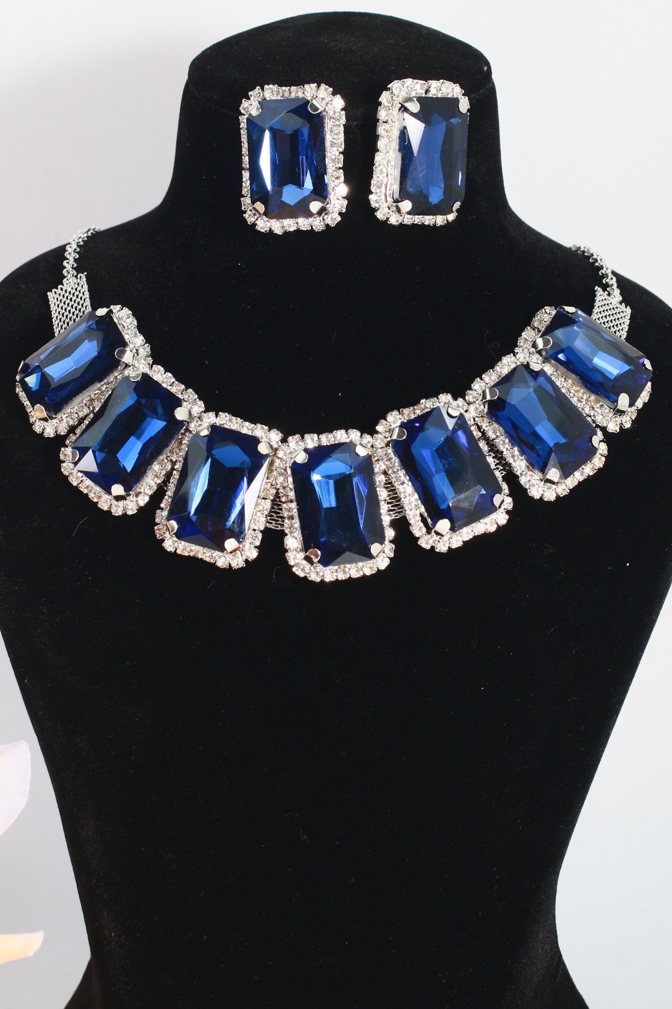 Korean Blue Rectangular Glass Stone Glass & AD Stone Necklace Set | Rhodium Plated Statement Bridal Jewelry with Earrings - Maxiblink
