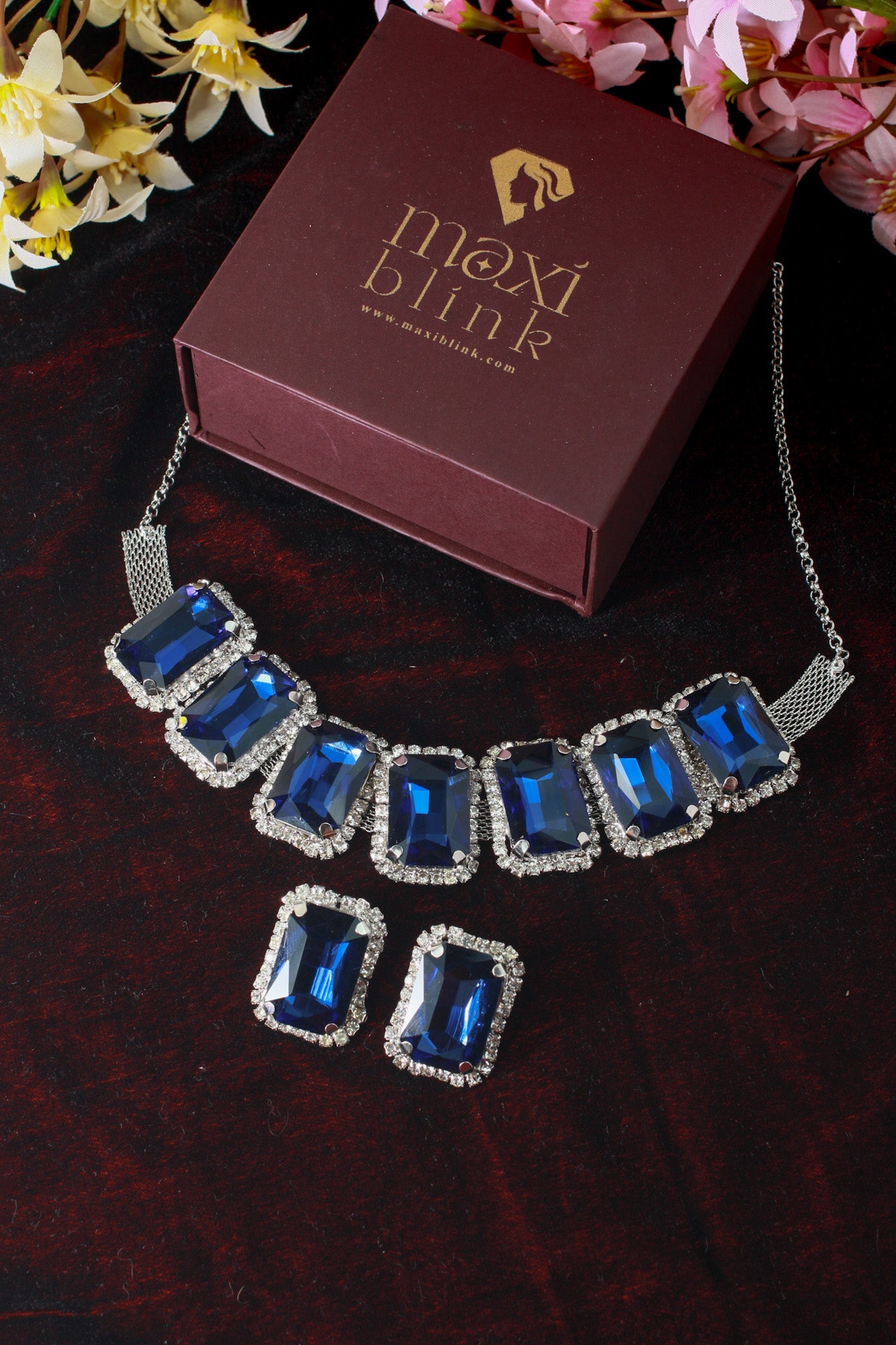 Korean Blue Rectangular Glass Stone Glass & AD Stone Necklace Set | Rhodium Plated Statement Bridal Jewelry with Earrings - Maxiblink
