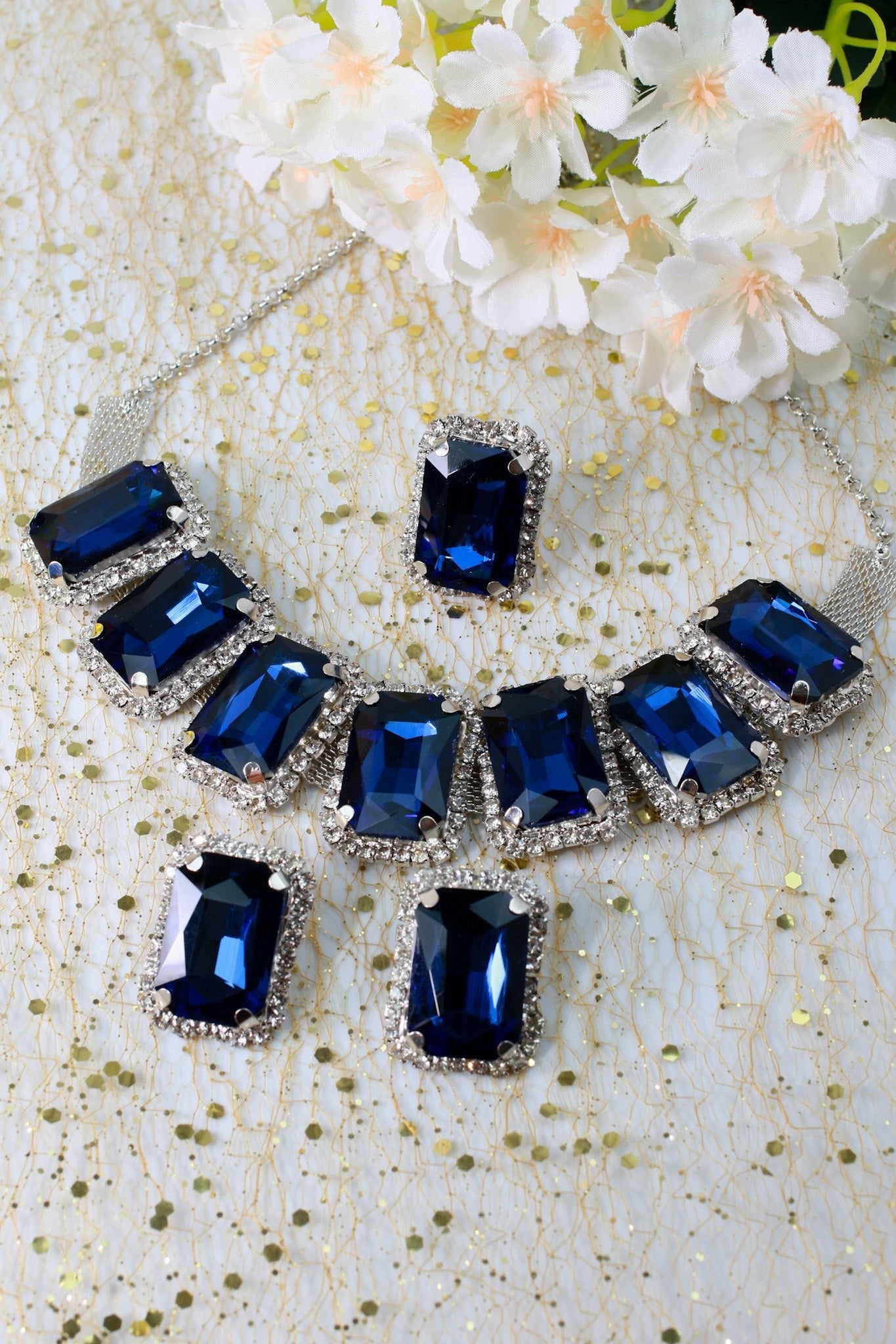 Korean Blue Rectangular Glass Stone Glass & AD Stone Necklace Set | Rhodium Plated Statement Bridal Jewelry with Earrings - Maxiblink