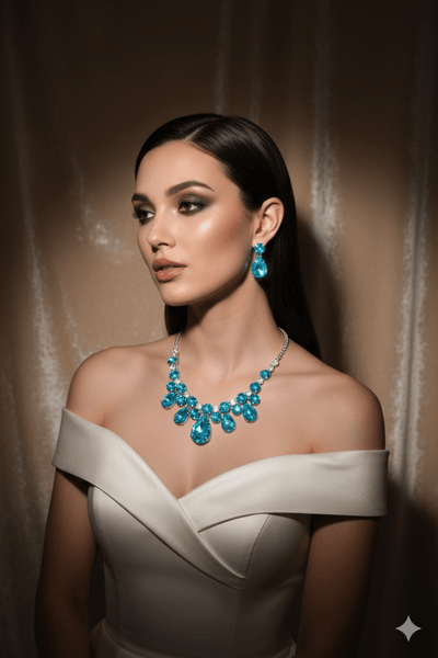 Korean Blue Teardrop Glass Stone Jewelry Necklace Set | Rhodium Plated Crystal Bridal Jewelry with Earrings - Maxiblink