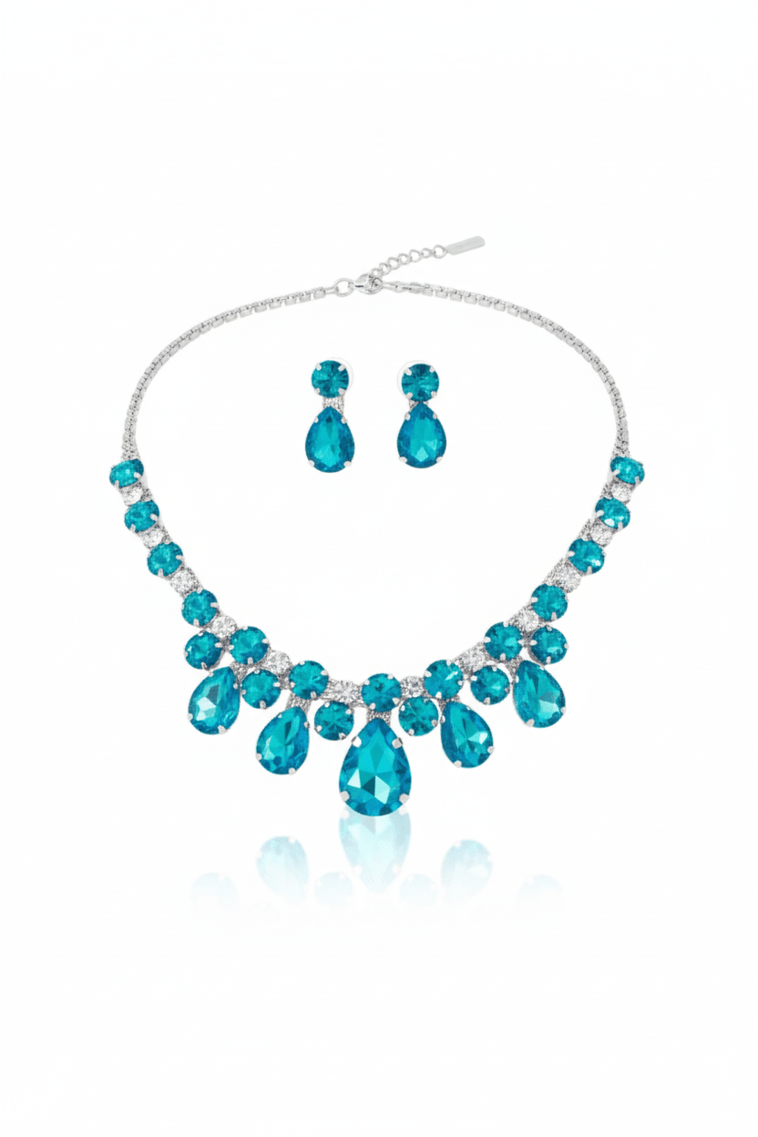 Korean Blue Teardrop Glass Stone Jewelry Necklace Set | Rhodium Plated Crystal Bridal Jewelry with Earrings - Maxiblink
