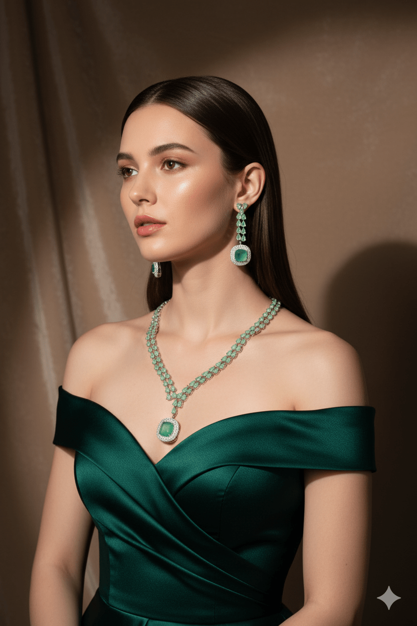 Korean Glass Stone Jewelry Necklace Set Green | Rhodium Plated Jewelry with Earrings - Maxiblink