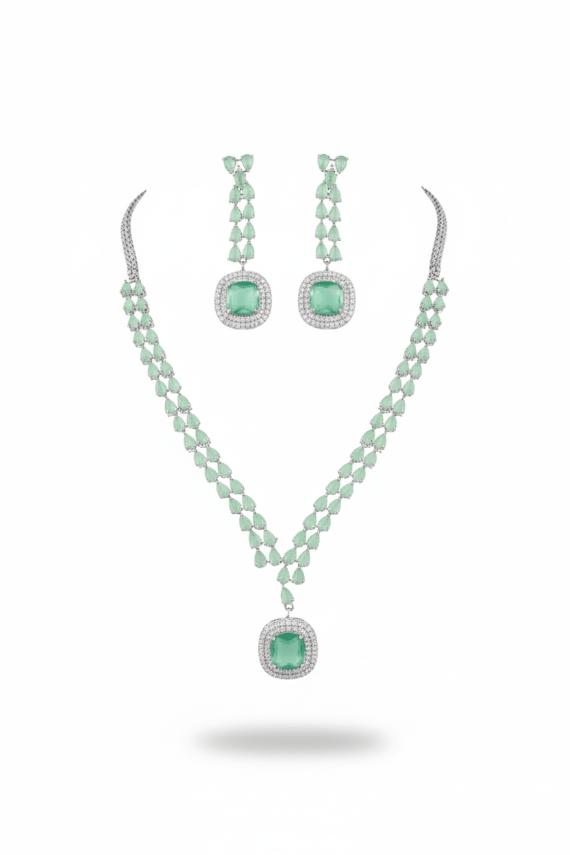 Korean Glass Stone Jewelry Necklace Set Green | Rhodium Plated Jewelry with Earrings - Maxiblink