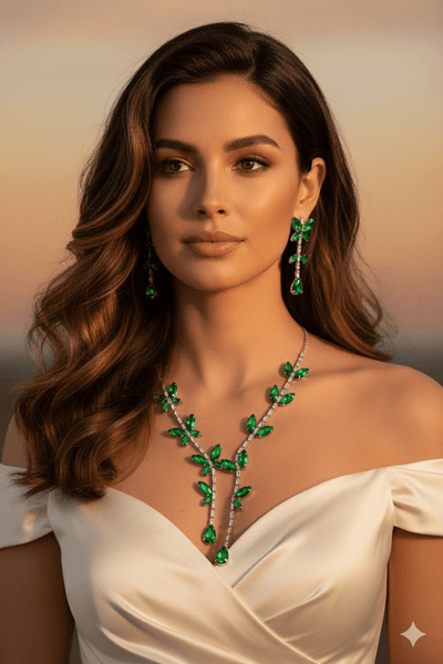Korean Green Butterfly Glass Stone Jewelry Necklace Set | Rhodium Plated Jewelry with Earrings - Maxiblink