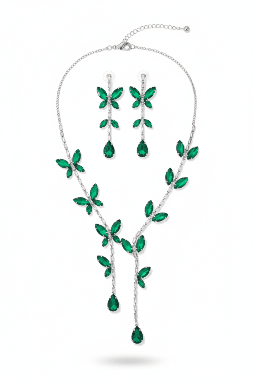 Korean Green Butterfly Glass Stone Jewelry Necklace Set | Rhodium Plated Jewelry with Earrings - Maxiblink