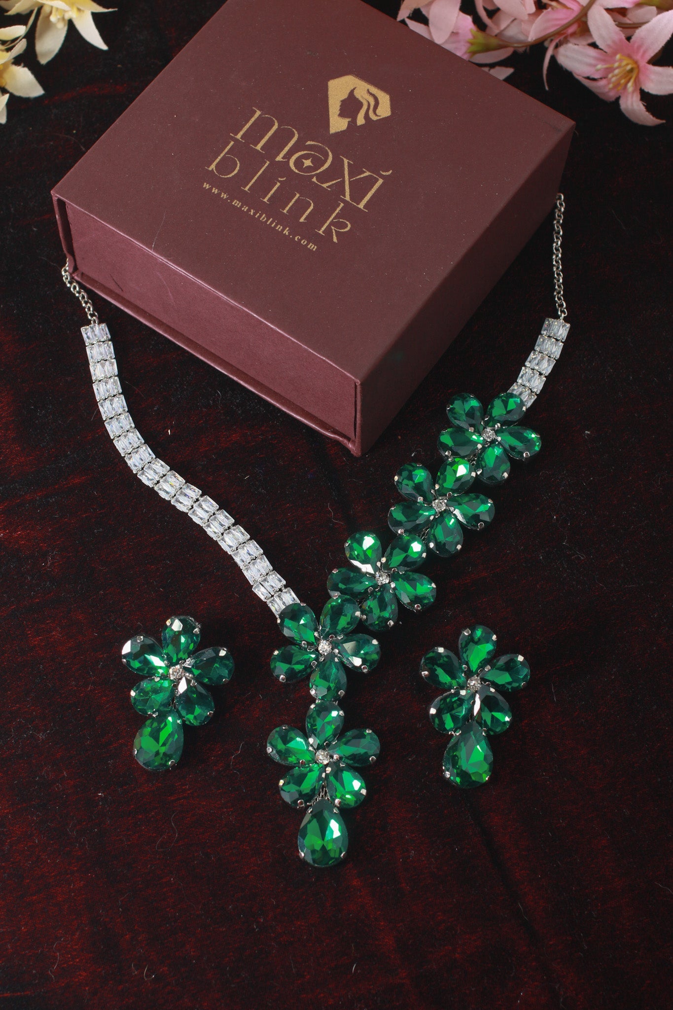 Korean Green Glass Stone Jewelry Floral Necklace Set | Rhodium Plated Party Wear Jewelry with Earrings - Maxiblink