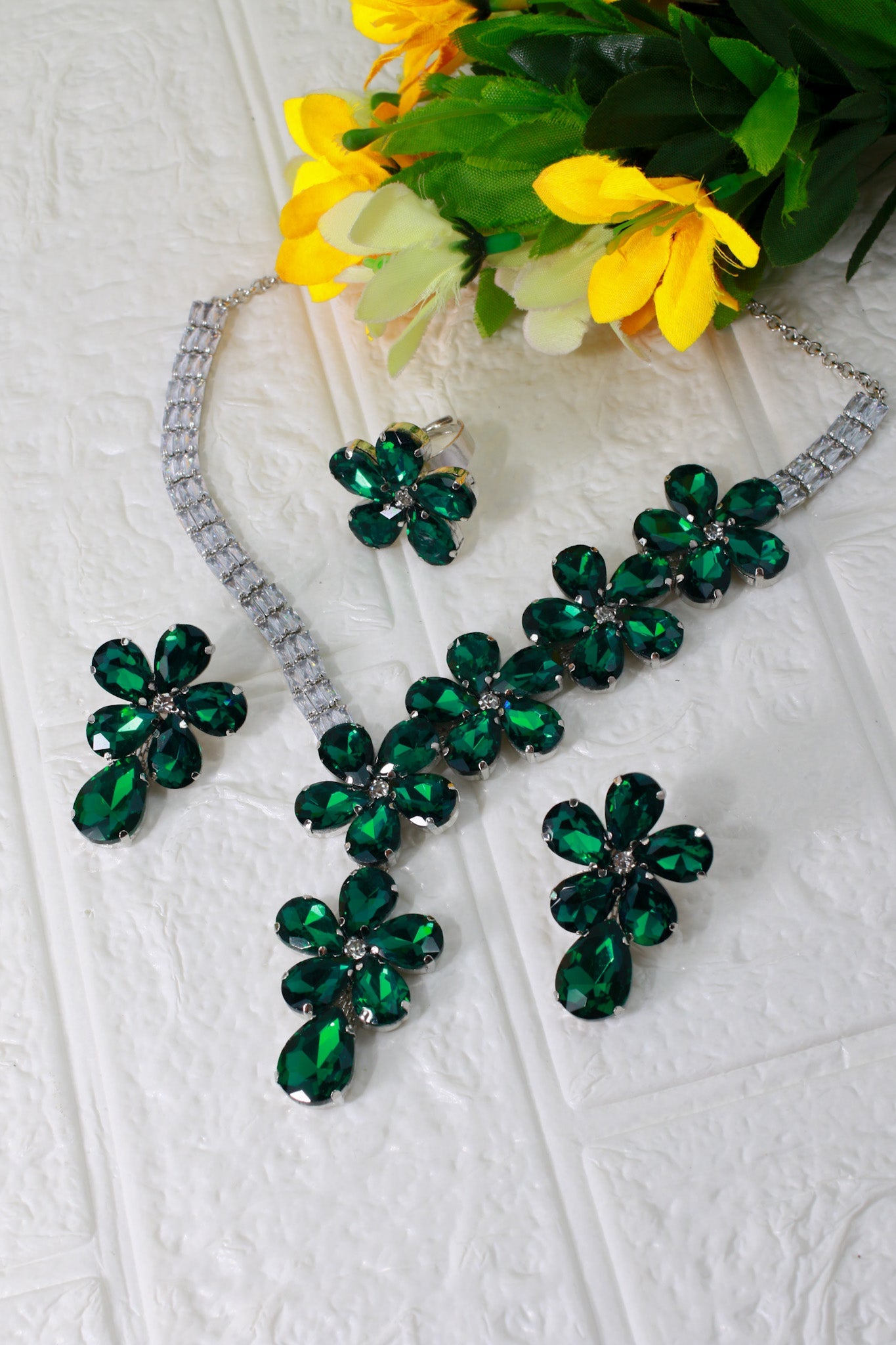 Korean Green Glass Stone Jewelry Floral Necklace Set | Rhodium Plated Party Wear Jewelry with Earrings - Maxiblink