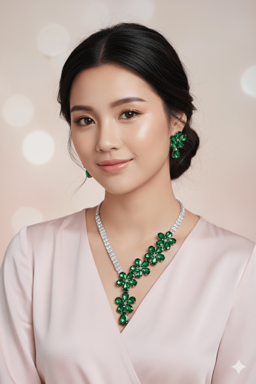 Korean Green Glass Stone Jewelry Floral Necklace Set | Rhodium Plated Party Wear Jewelry with Earrings - Maxiblink