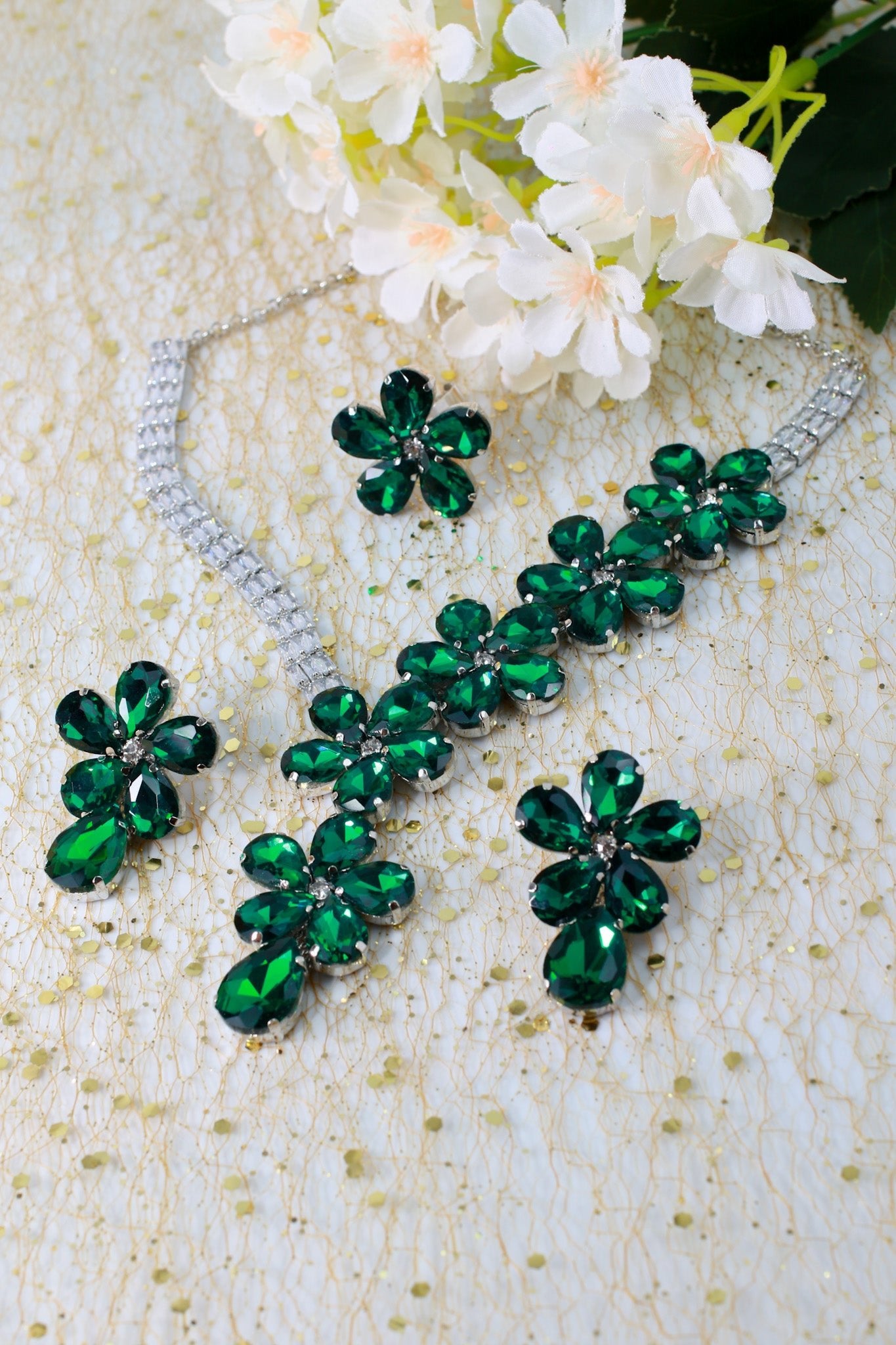 Korean Green Glass Stone Jewelry Floral Necklace Set | Rhodium Plated Party Wear Jewelry with Earrings - Maxiblink