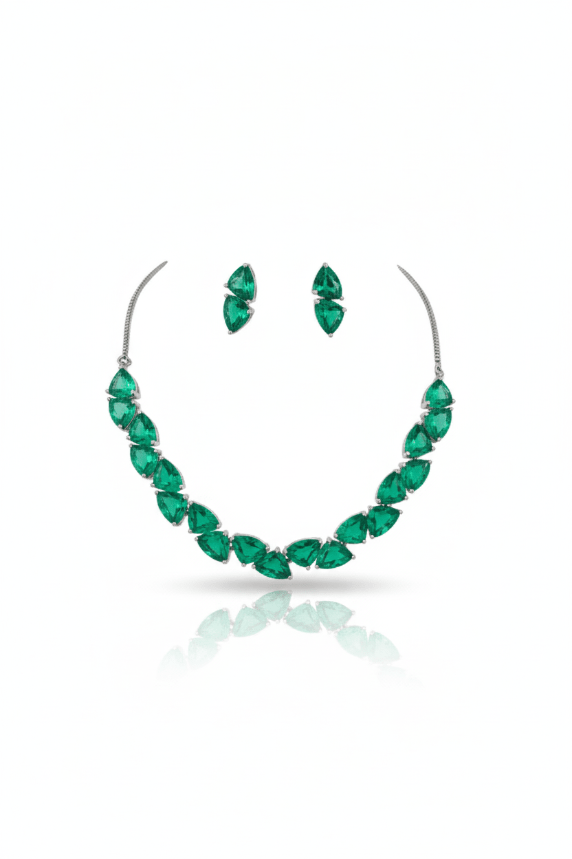 Korean Green Glass Stone Jewelry Necklace Set | Rhodium Plated Elegant Jewelry with Earrings - Maxiblink