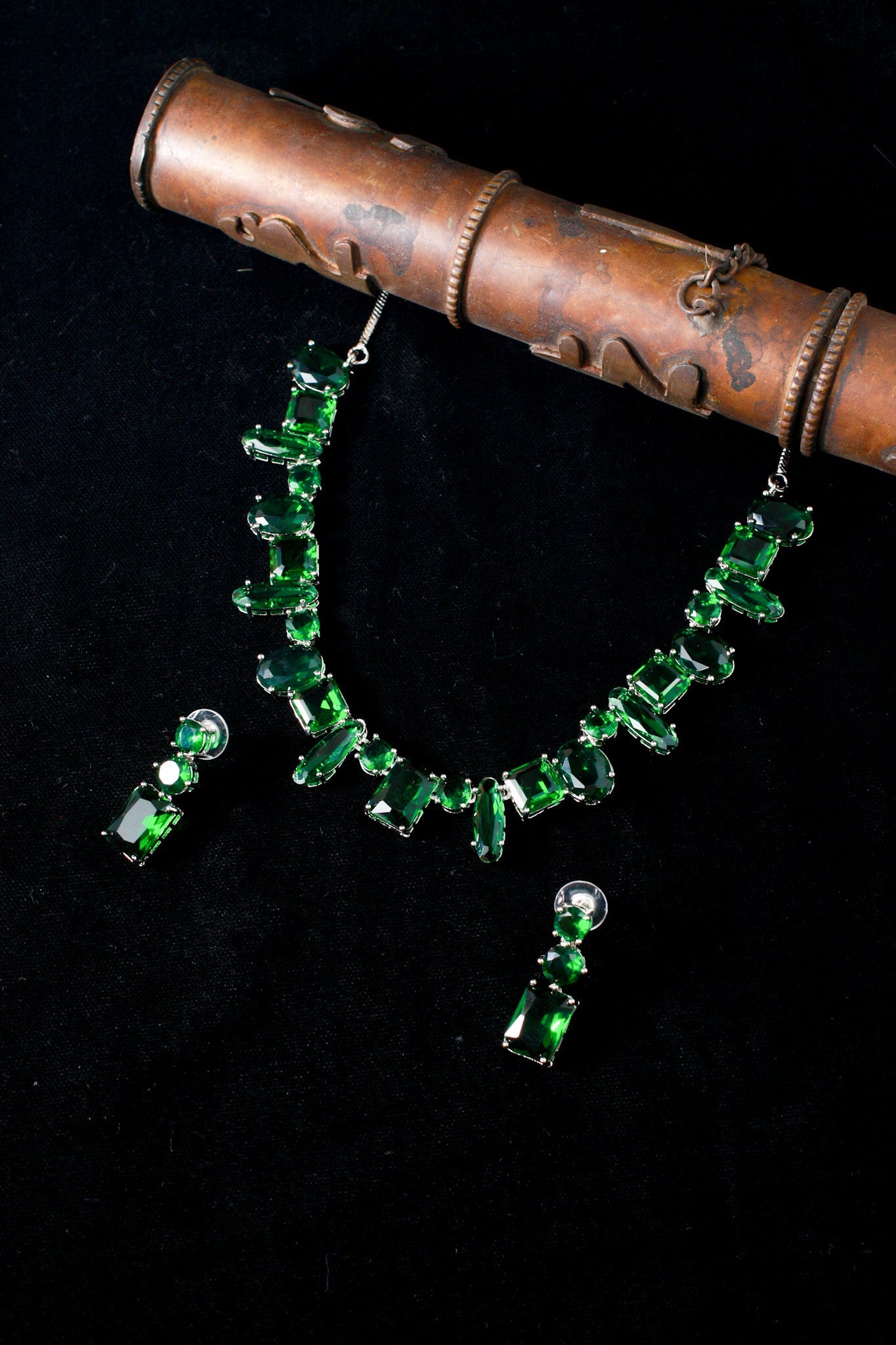 Korean Green Glass Stone Jewelry Necklace Set | Rhodium Plated Party & Bridal Jewelry with Earrings - Maxiblink