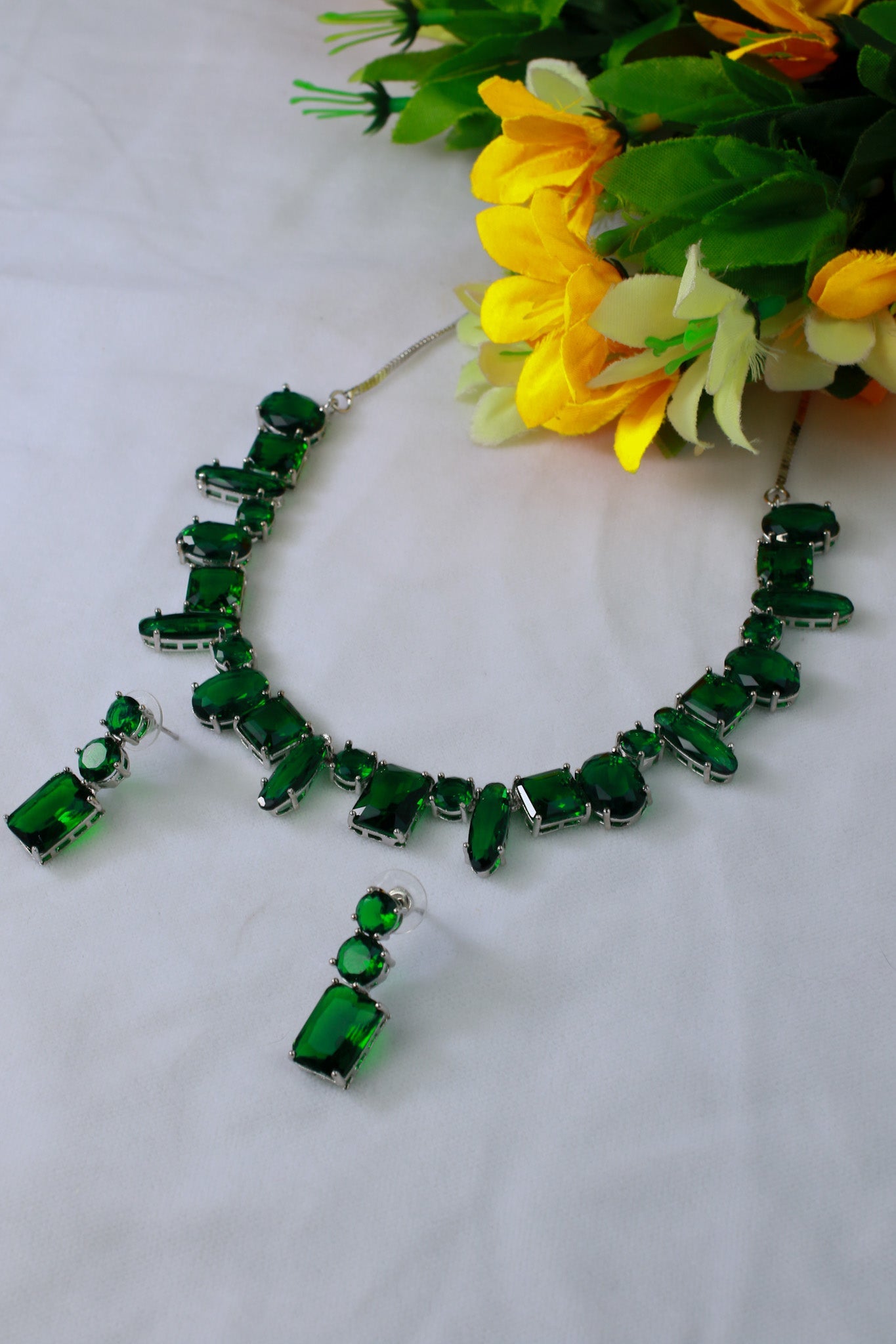 Korean Green Glass Stone Jewelry Necklace Set | Rhodium Plated Party & Bridal Jewelry with Earrings - Maxiblink