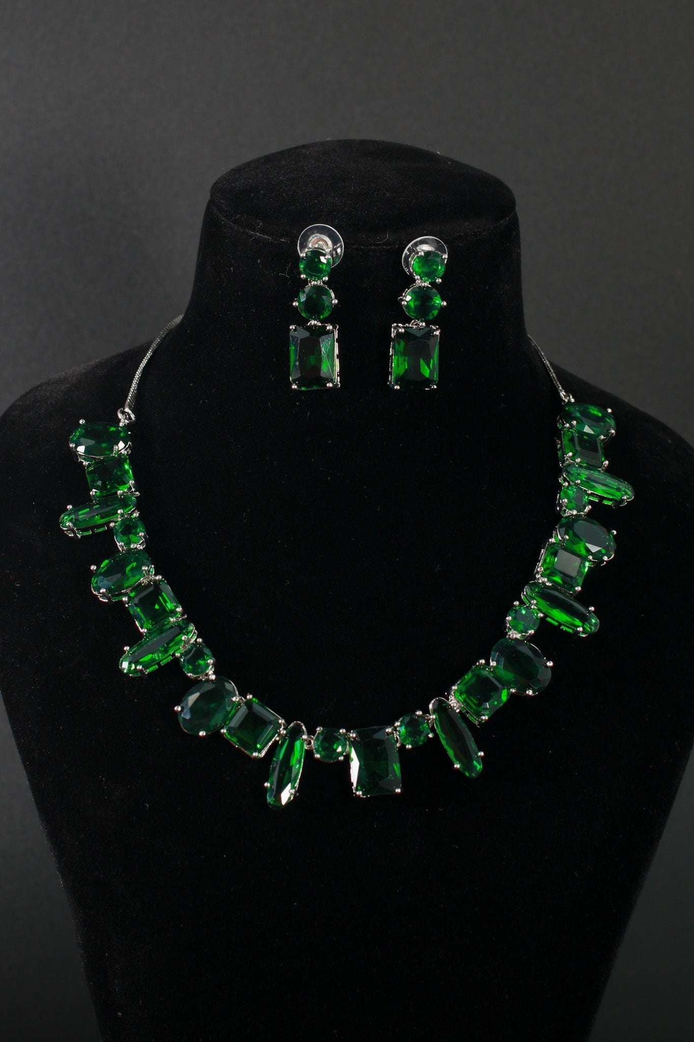 Korean Green Glass Stone Jewelry Necklace Set | Rhodium Plated Party & Bridal Jewelry with Earrings - Maxiblink