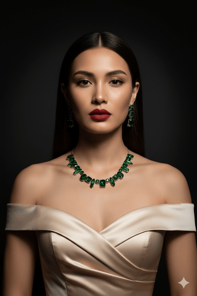 Korean Green Glass Stone Jewelry Necklace Set | Rhodium Plated Party & Bridal Jewelry with Earrings - Maxiblink