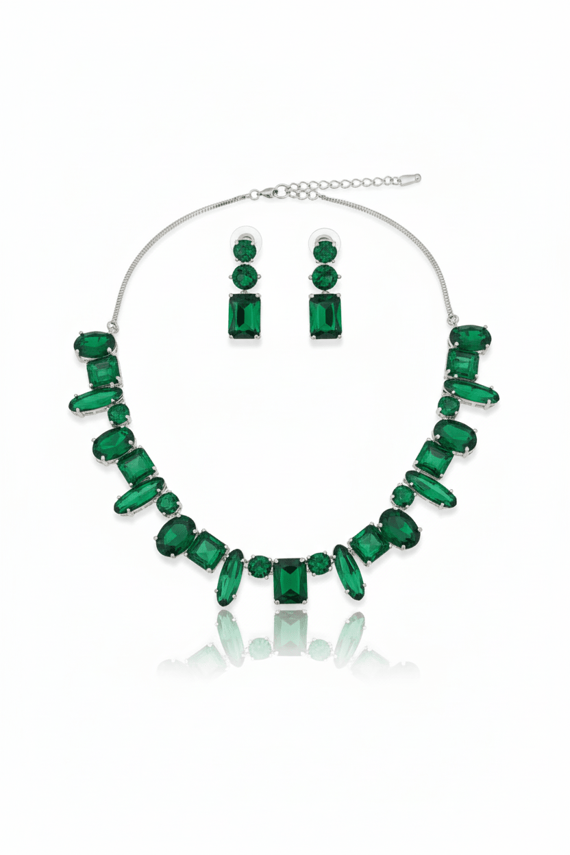 Korean Green Glass Stone Jewelry Necklace Set | Rhodium Plated Party & Bridal Jewelry with Earrings - Maxiblink