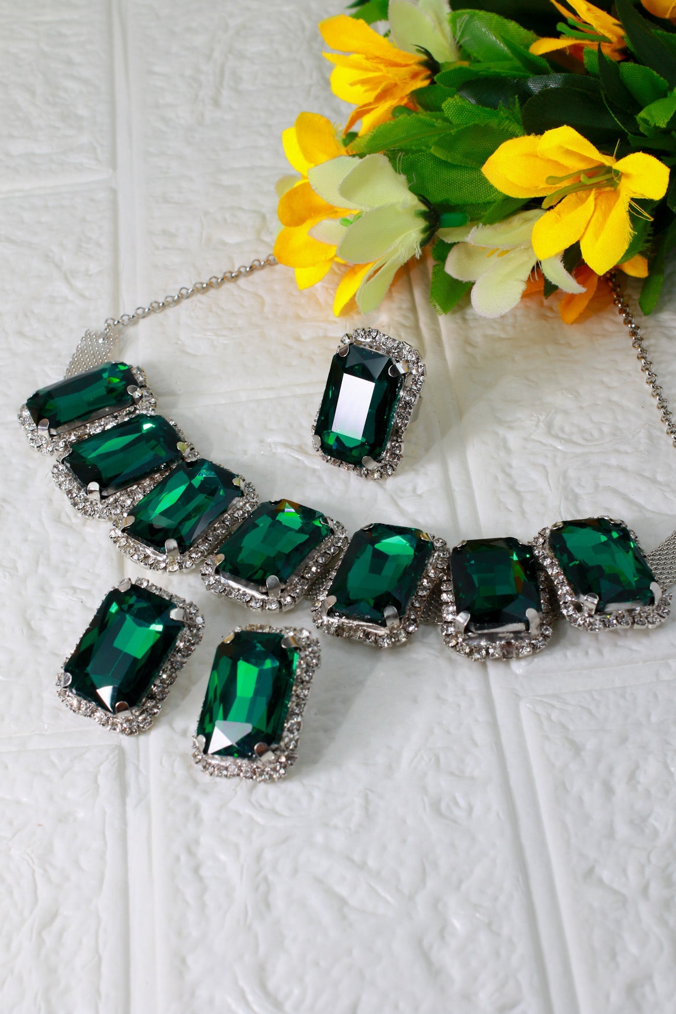 Korean Green Rectangular Glass Stone Glass & AD Stone Necklace Set | Rhodium Plated Statement Jewelry with Earrings - Maxiblink