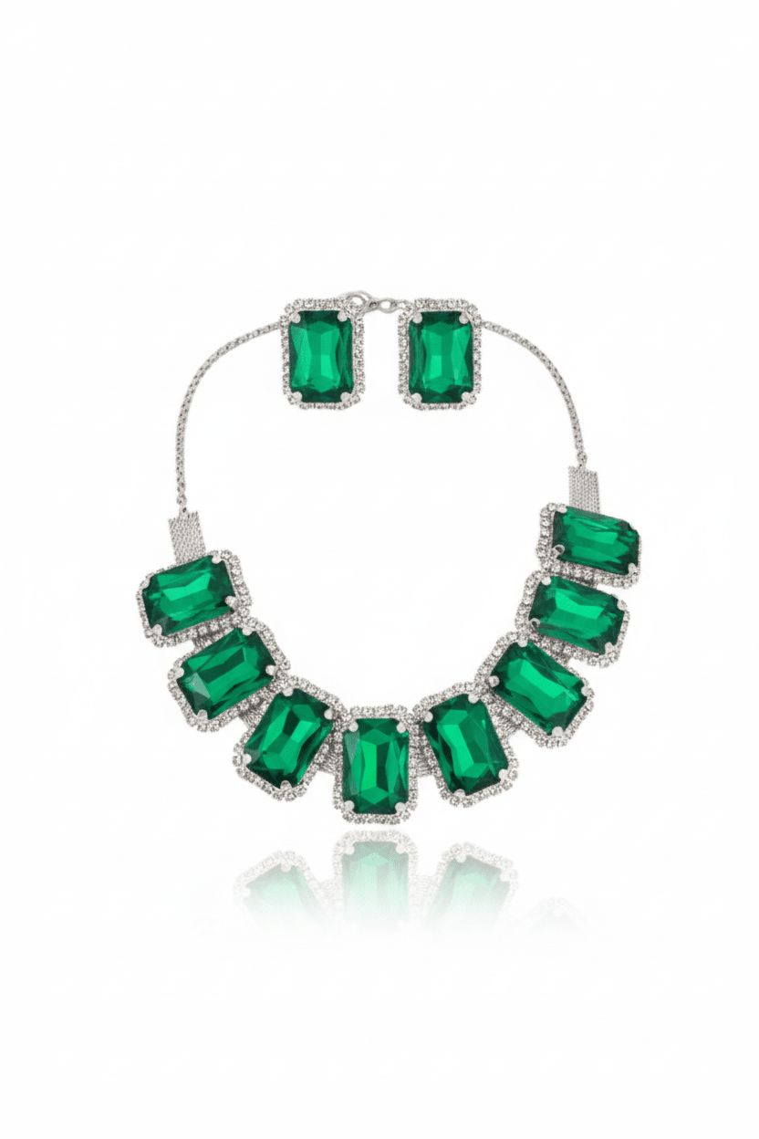 Korean Green Rectangular Glass Stone Glass & AD Stone Necklace Set | Rhodium Plated Statement Jewelry with Earrings - Maxiblink