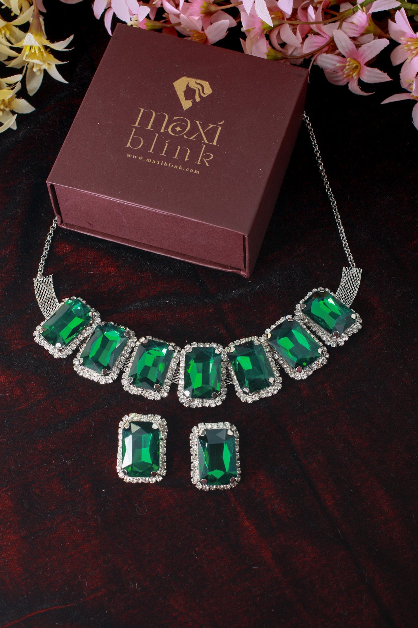Korean Green Rectangular Glass Stone Glass & AD Stone Necklace Set | Rhodium Plated Statement Jewelry with Earrings - Maxiblink