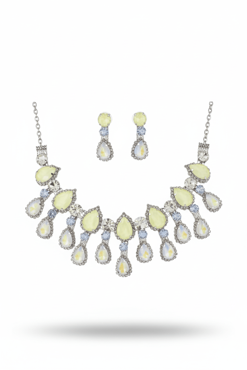 Korean Lemon Yellow Glass Stone Jewelry Necklace Set | Rhodium Plated Fashion Jewelry with Earrings - Maxiblink