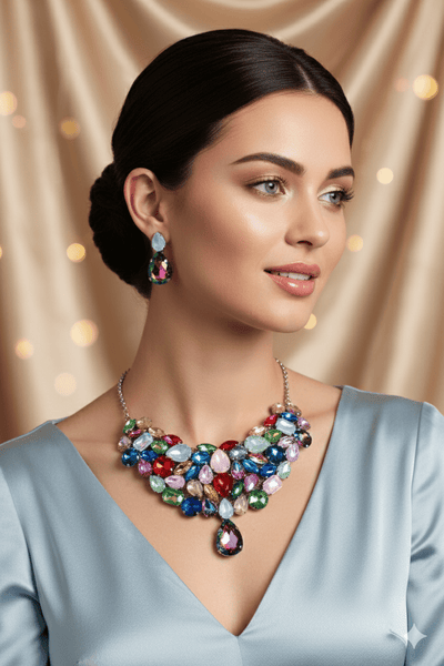 Korean Multicolor Glass Stone Jewelry Necklace Set | Rhodium Plated Statement Fashion Jewelry with Earrings - Maxiblink