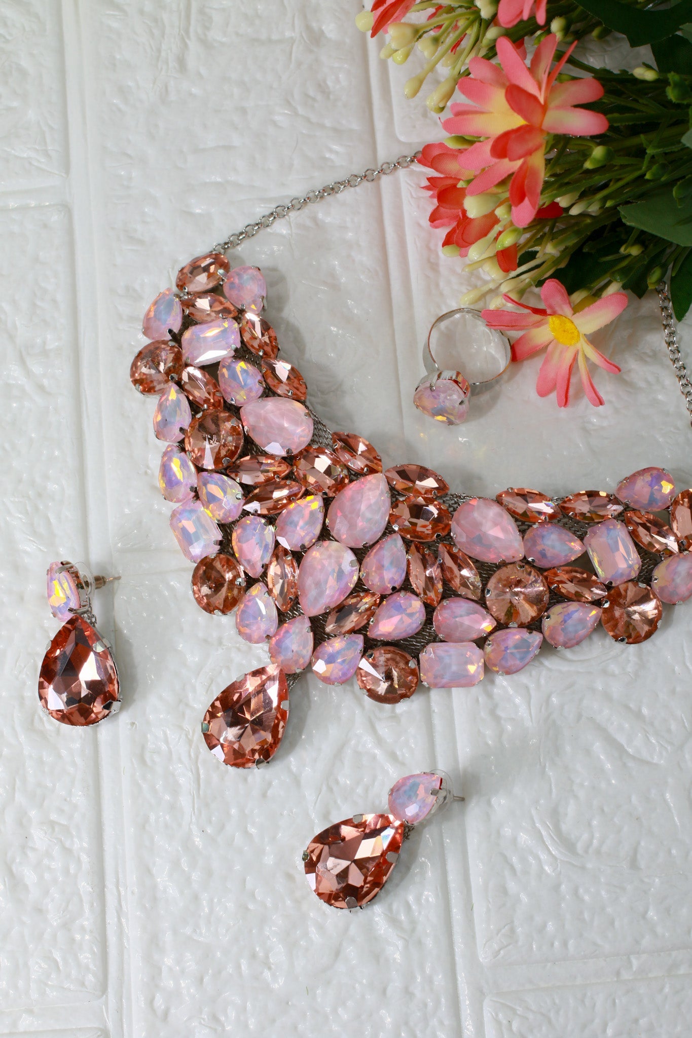 Korean Peach Pink Glass Stone Jewelry Necklace & Earrings Set | Rhodium Plated Luxury Party Jewelry - Maxiblink