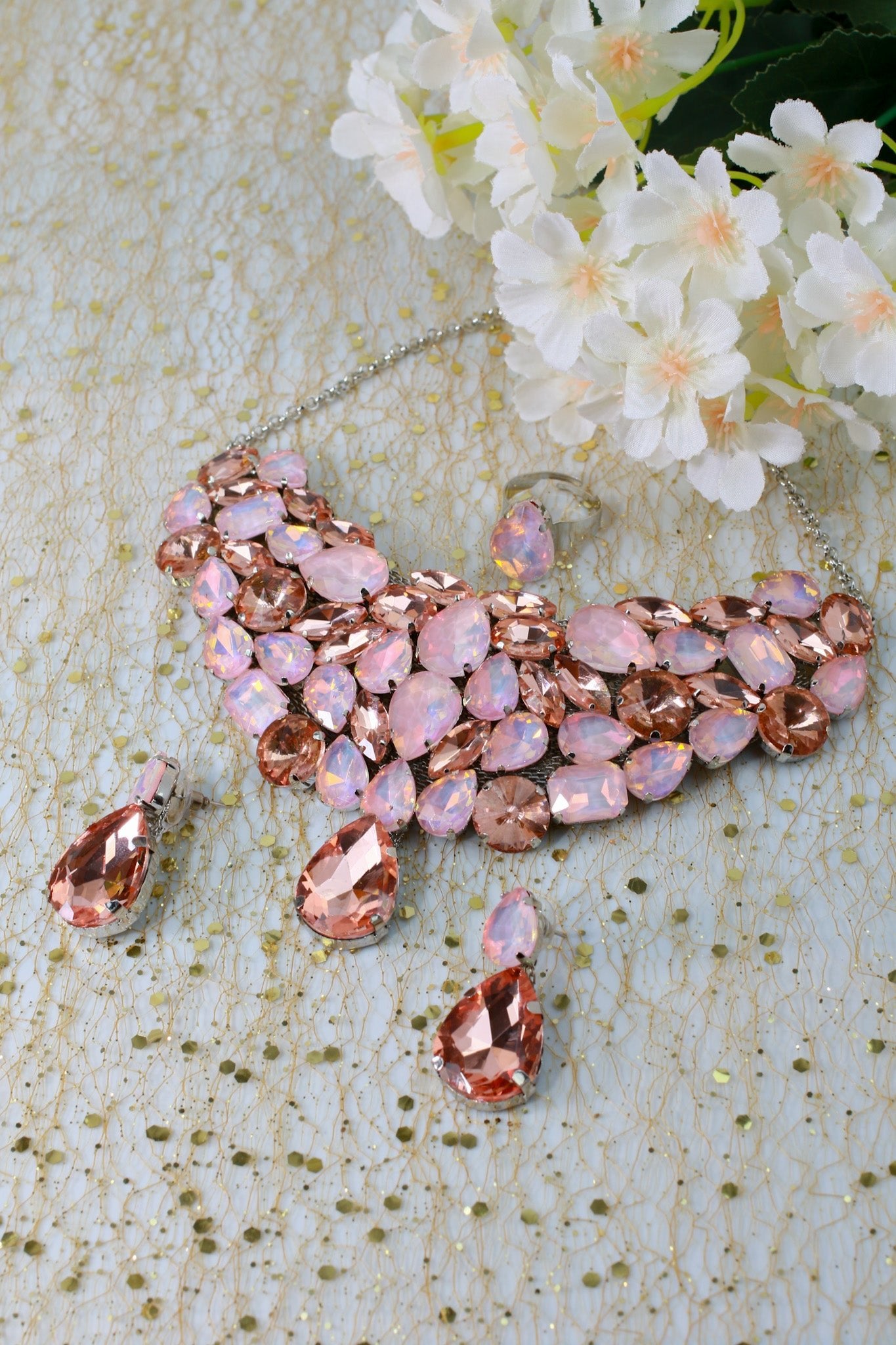 Korean Peach Pink Glass Stone Jewelry Necklace & Earrings Set | Rhodium Plated Luxury Party Jewelry - Maxiblink