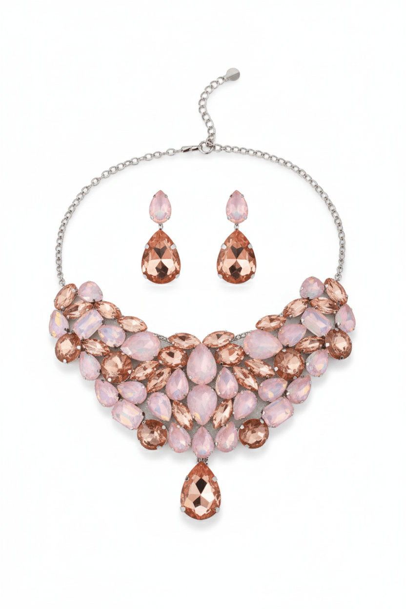 Korean Peach Pink Glass Stone Jewelry Necklace & Earrings Set | Rhodium Plated Luxury Party Jewelry - Maxiblink