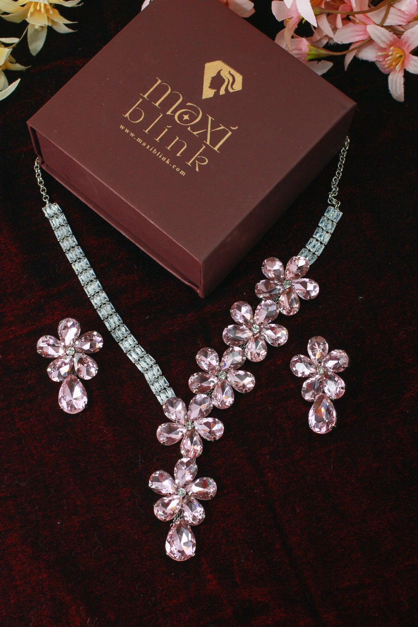 Korean Pink Floral Glass Stone Jewelry Necklace Set | Rhodium Plated Bridal & Party Jewelry with Earrings - Maxiblink