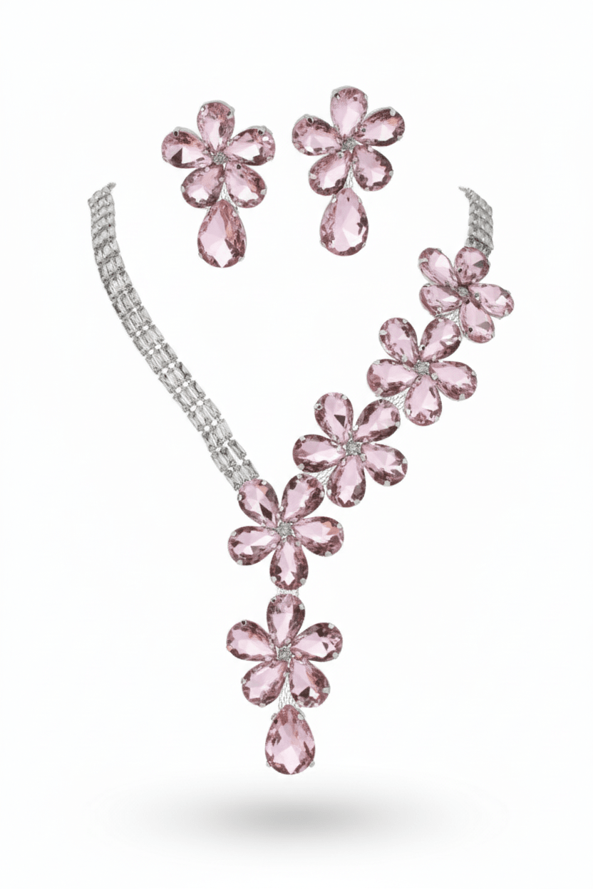 Korean Pink Floral Glass Stone Jewelry Necklace Set | Rhodium Plated Bridal & Party Jewelry with Earrings - Maxiblink