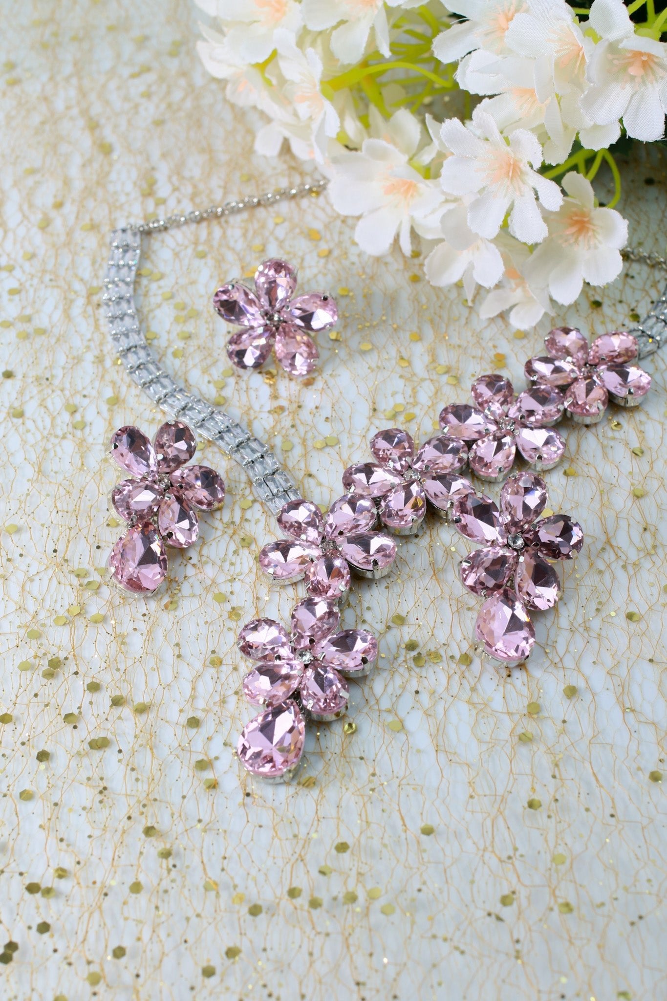 Korean Pink Floral Glass Stone Jewelry Necklace Set | Rhodium Plated Bridal & Party Jewelry with Earrings - Maxiblink