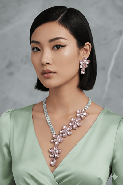 Korean Pink Floral Glass Stone Jewelry Necklace Set | Rhodium Plated Bridal & Party Jewelry with Earrings - Maxiblink