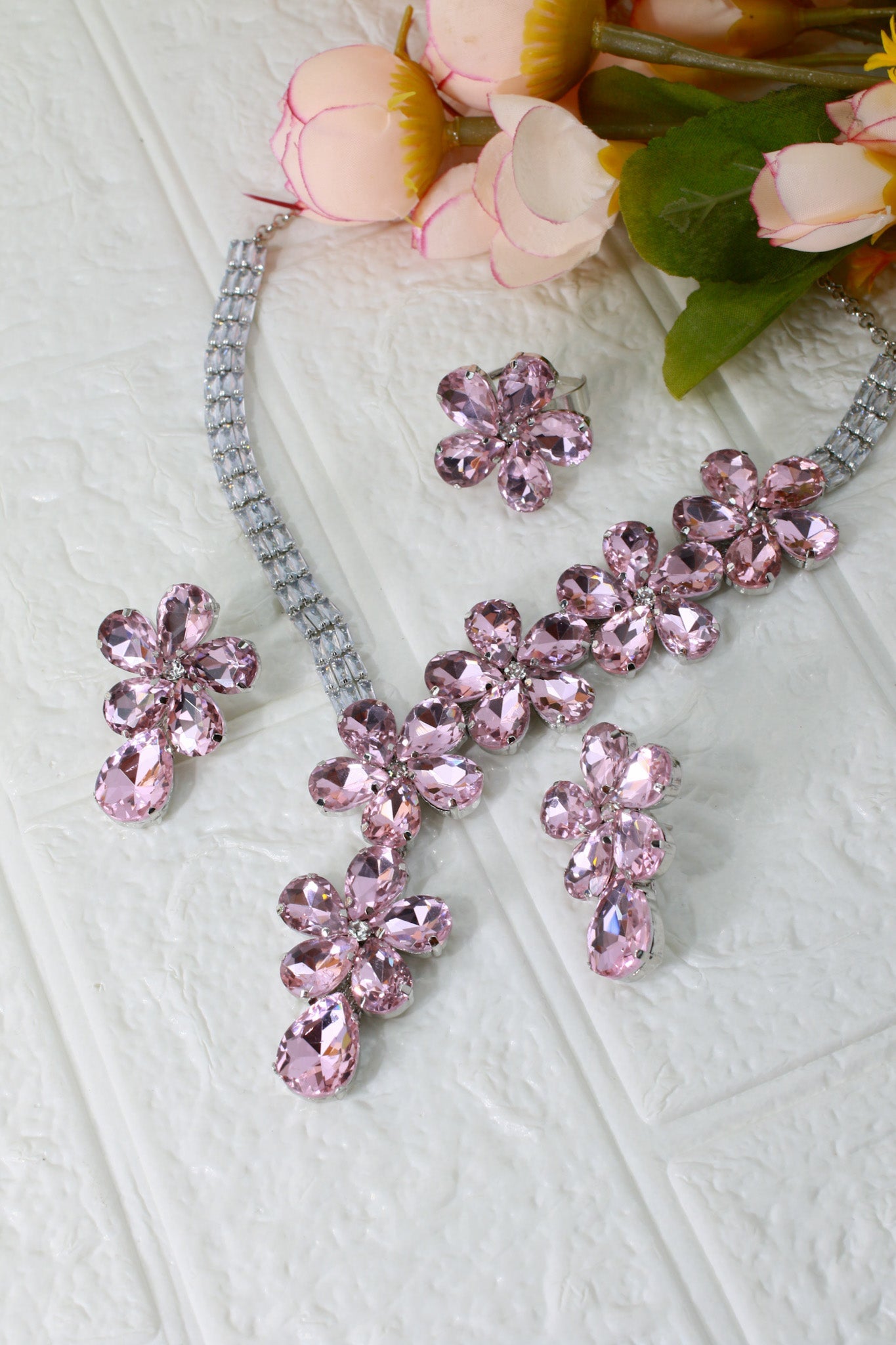 Korean Pink Floral Glass Stone Jewelry Necklace Set | Rhodium Plated Bridal & Party Jewelry with Earrings - Maxiblink