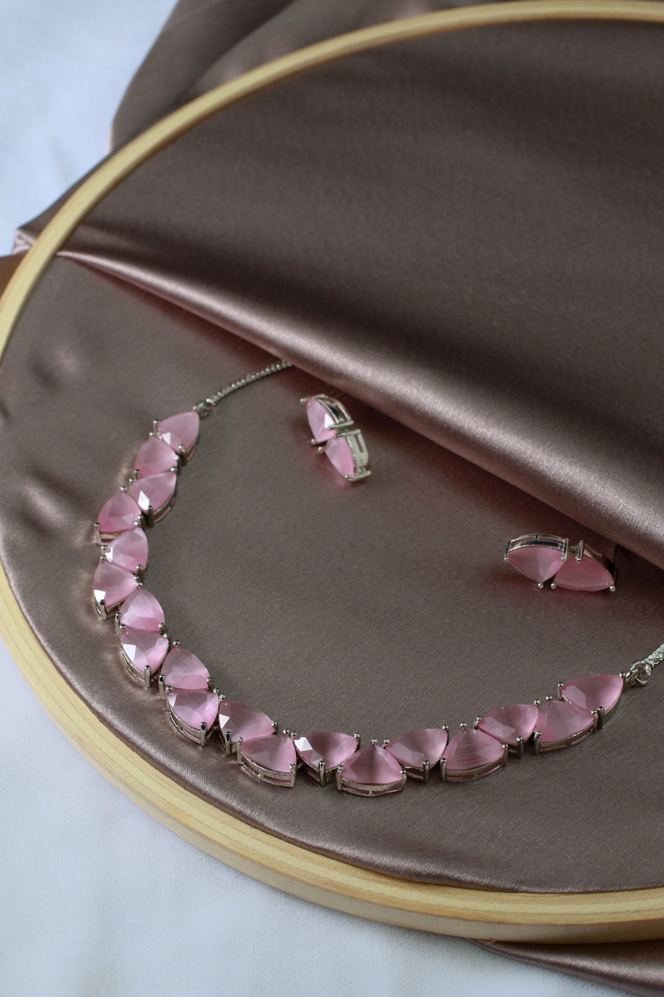 Korean Pink Glass Stone Jewelry Necklace Set | Rhodium Plated Elegant Fashion Jewelry with Earrings - Maxiblink
