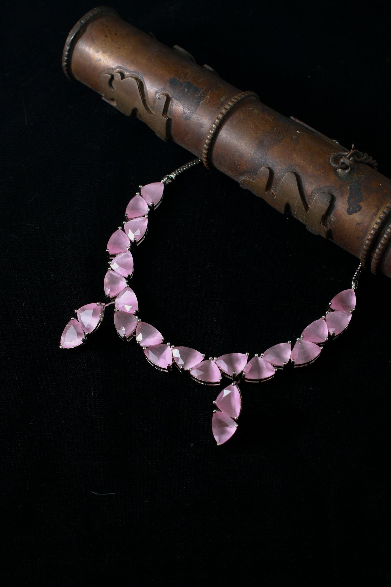 Korean Pink Glass Stone Jewelry Necklace Set | Rhodium Plated Elegant Fashion Jewelry with Earrings - Maxiblink