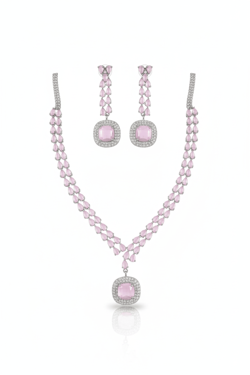 Korean Pink Glass Stone Jewelry Necklace Set | Rhodium Plated Party Wear Jewelry with Earrings - Maxiblink
