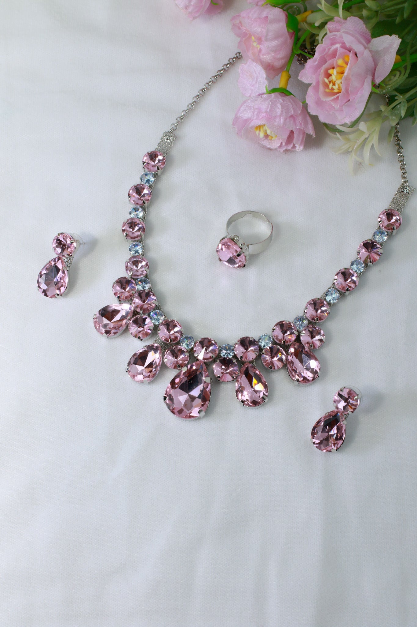 Korean Pink Glass Stone Jewelry Teardrop Necklace Set | Rhodium Plated Party & Bridal Jewelry with Earrings - Maxiblink