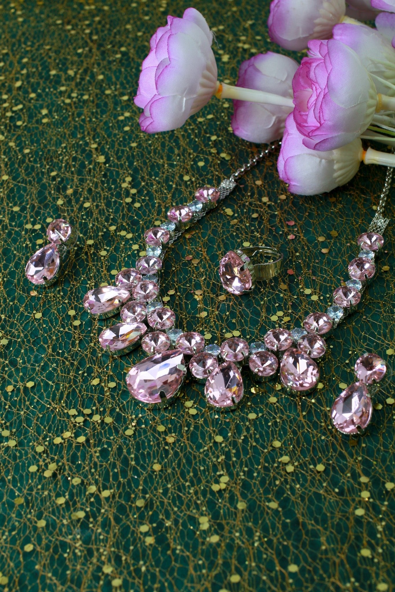 Korean Pink Glass Stone Jewelry Teardrop Necklace Set | Rhodium Plated Party & Bridal Jewelry with Earrings - Maxiblink