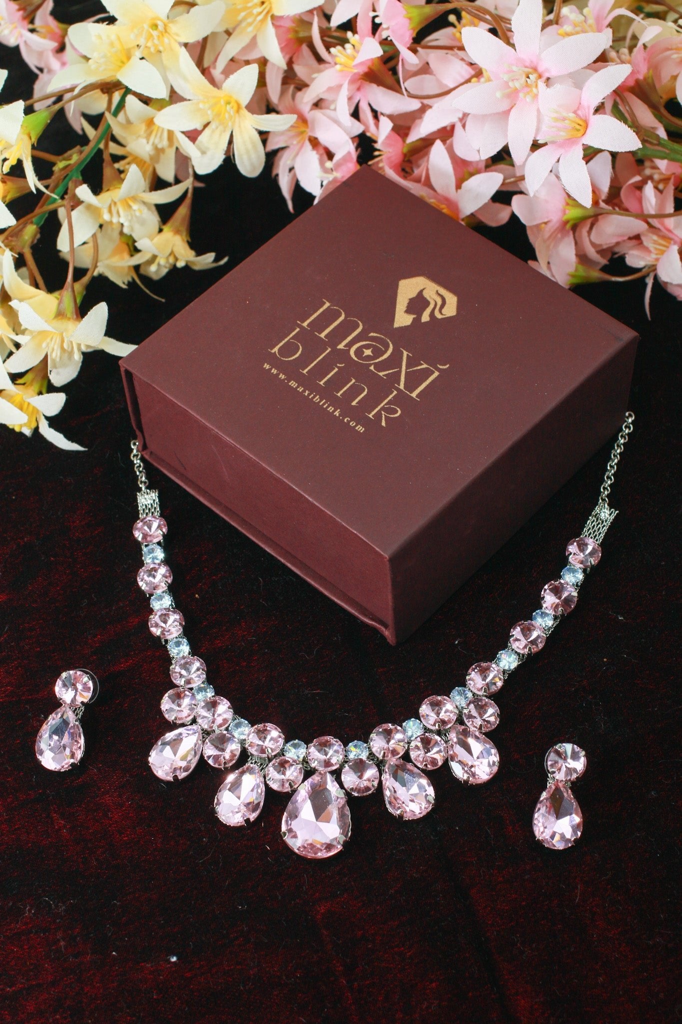 Korean Pink Glass Stone Jewelry Teardrop Necklace Set | Rhodium Plated Party & Bridal Jewelry with Earrings - Maxiblink