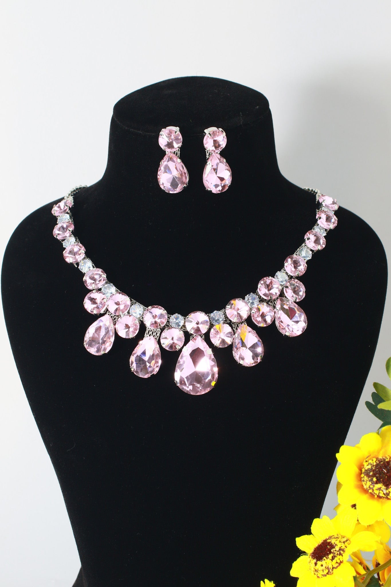 Korean Pink Glass Stone Jewelry Teardrop Necklace Set | Rhodium Plated Party & Bridal Jewelry with Earrings - Maxiblink