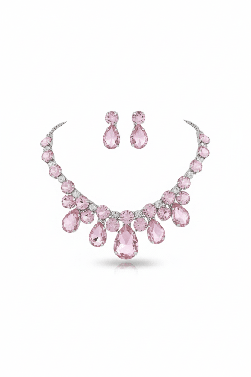 Korean Pink Glass Stone Jewelry Teardrop Necklace Set | Rhodium Plated Party & Bridal Jewelry with Earrings - Maxiblink
