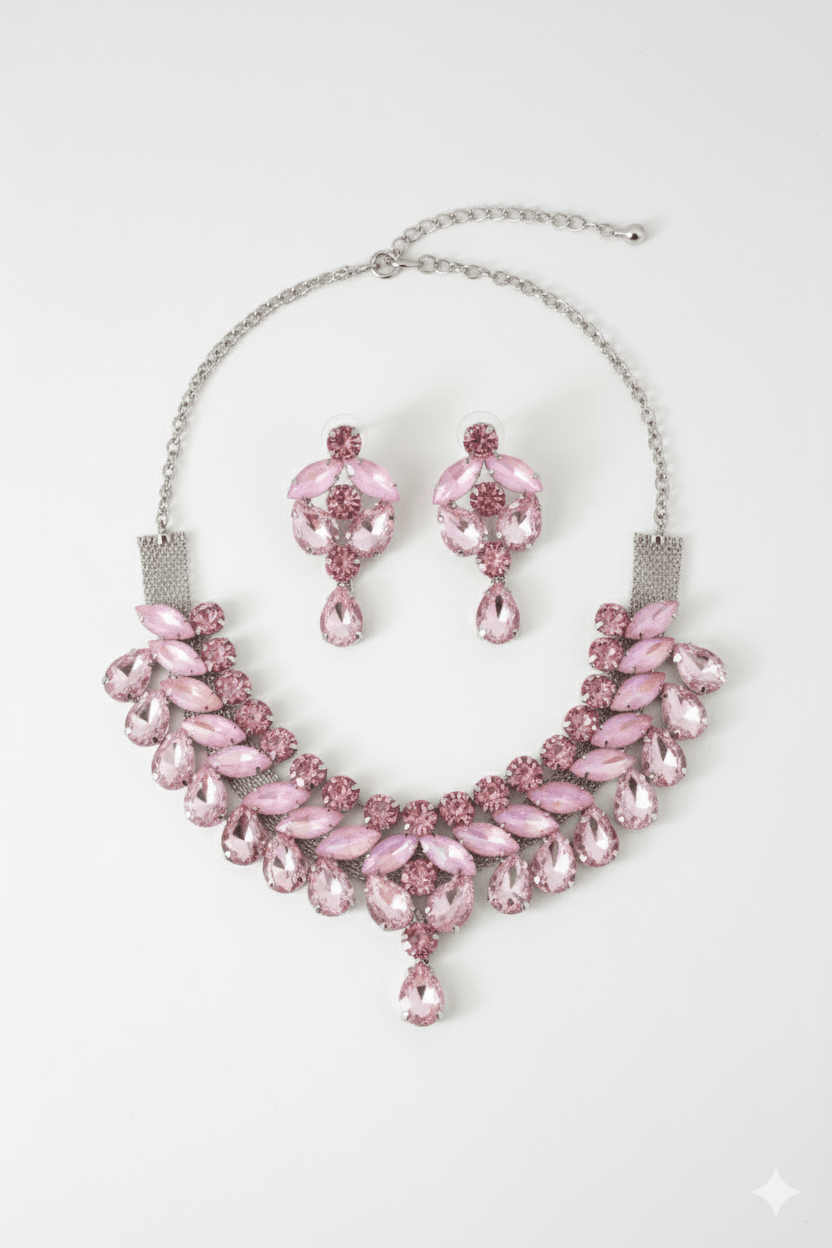 Korean Pink Gradient Glass Stone Jewelry Necklace Set | Luxury Rhodium Plated Bridal & Party Jewelry with Earrings - Maxiblink