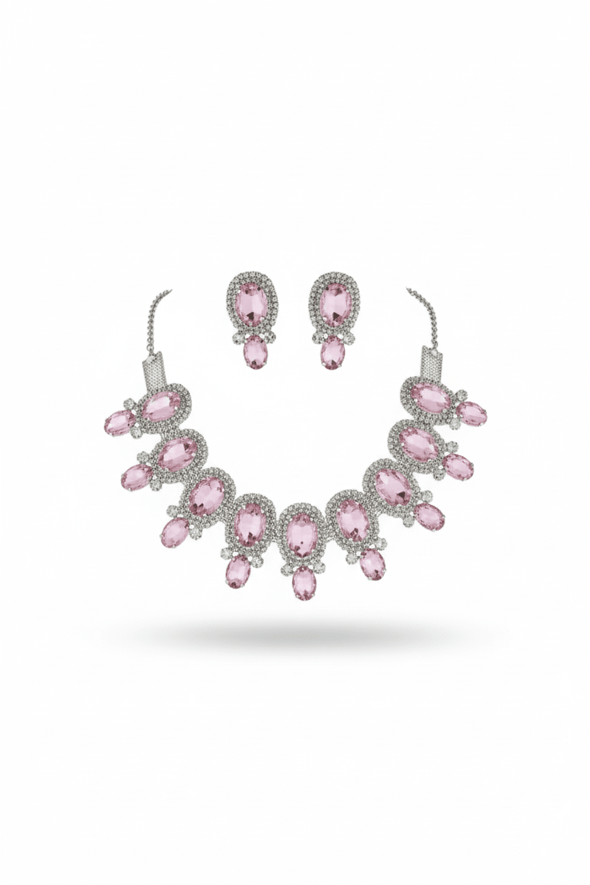 Korean Pink Oval Glass Stone Glass & AD Stone Necklace Set | Rhodium Plated Bridal & Party Jewelry with Earrings - Maxiblink