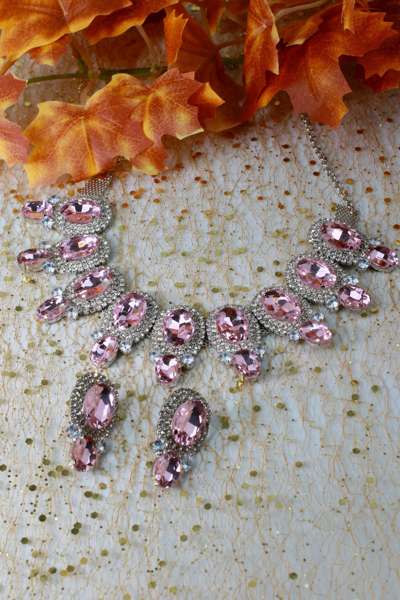 Korean Pink Oval Glass Stone Glass & AD Stone Necklace Set | Rhodium Plated Bridal & Party Jewelry with Earrings - Maxiblink