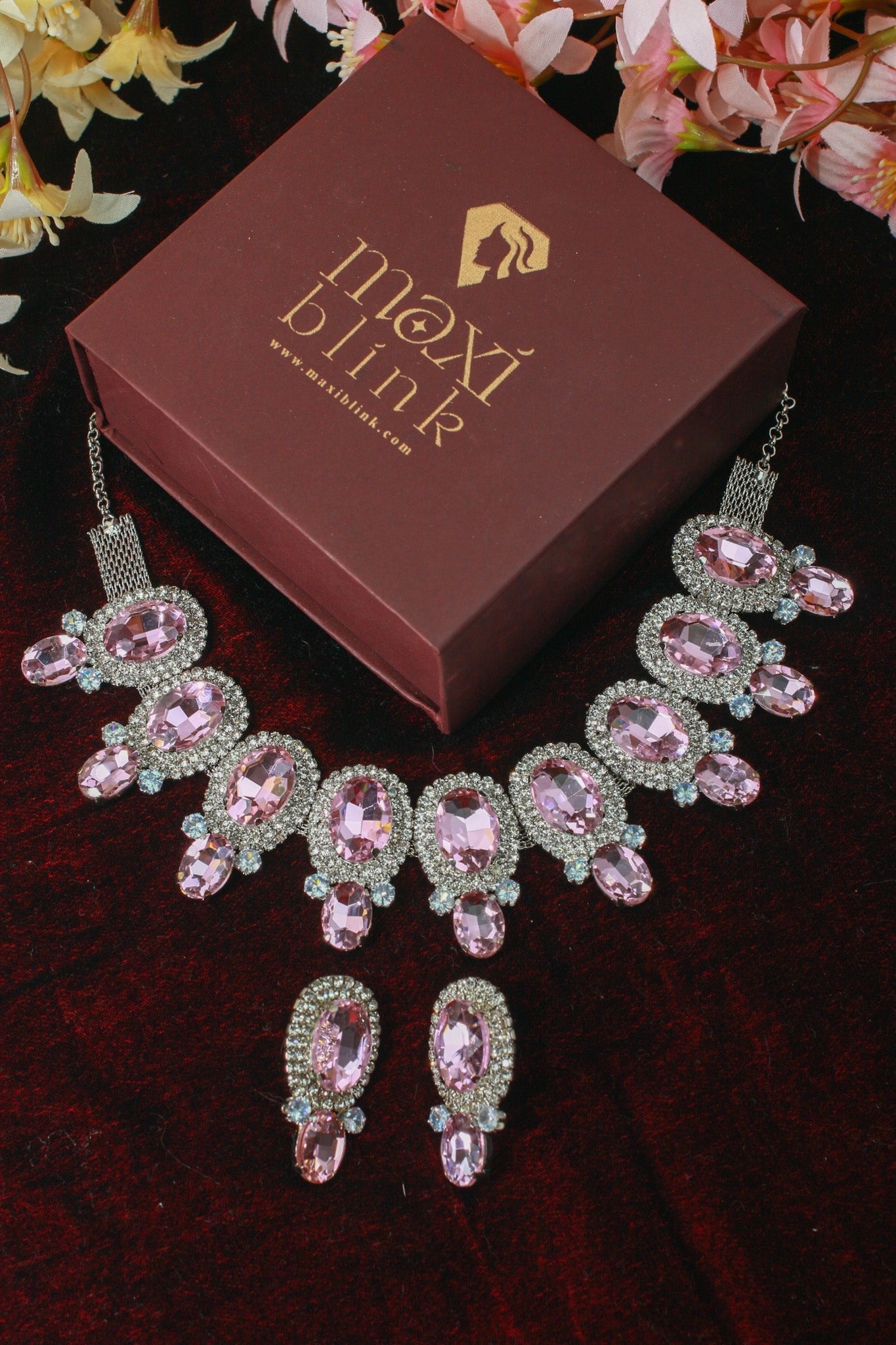 Korean Pink Oval Glass Stone Glass & AD Stone Necklace Set | Rhodium Plated Bridal & Party Jewelry with Earrings - Maxiblink
