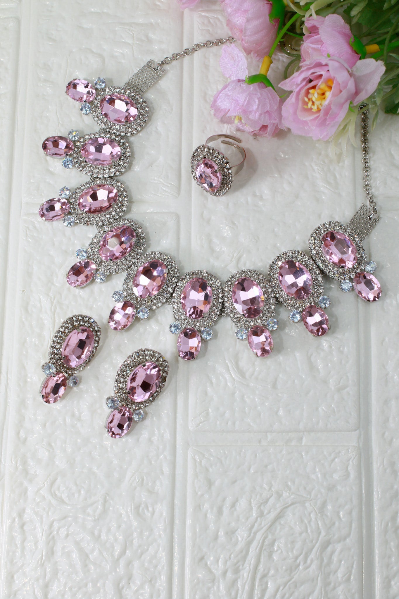 Korean Pink Oval Glass Stone Glass & AD Stone Necklace Set | Rhodium Plated Bridal & Party Jewelry with Earrings - Maxiblink